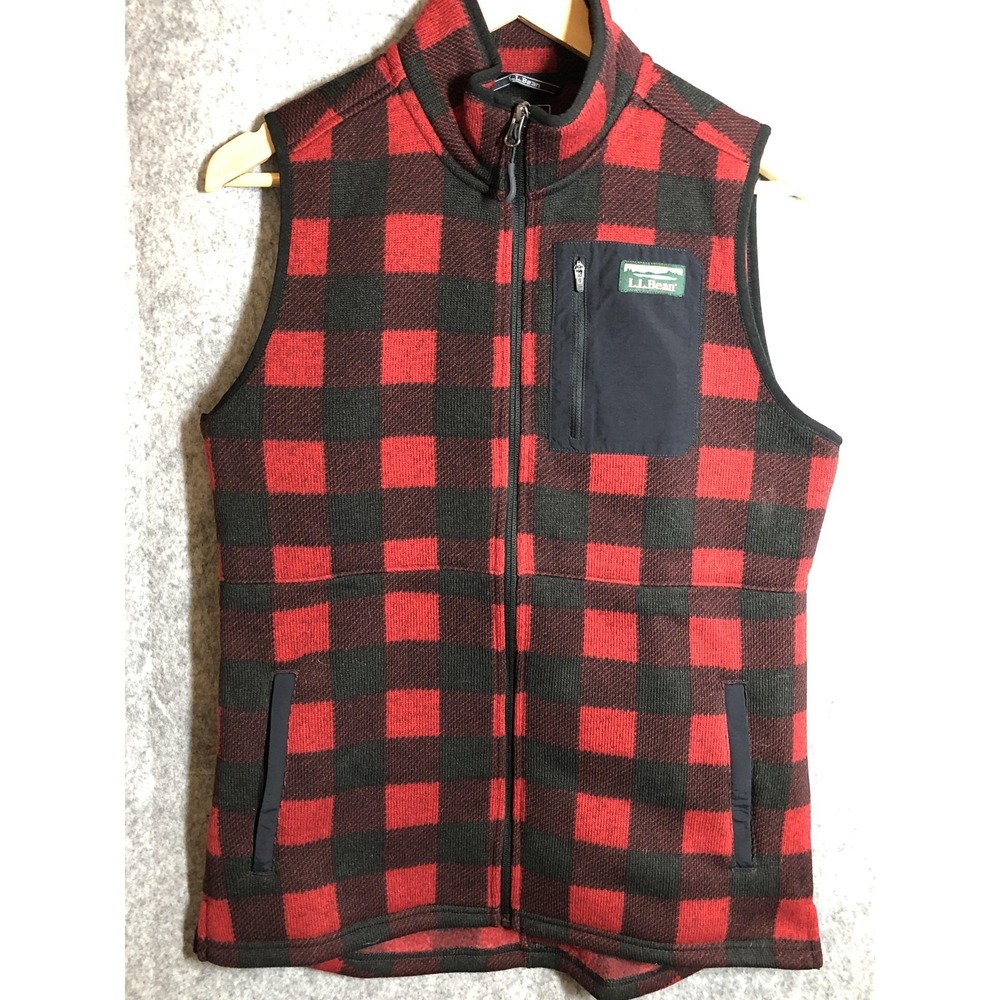 L.L.Bean Vest Womens Small Red Black Buffalo Plaid Fleece Full Zip Chest Pocket